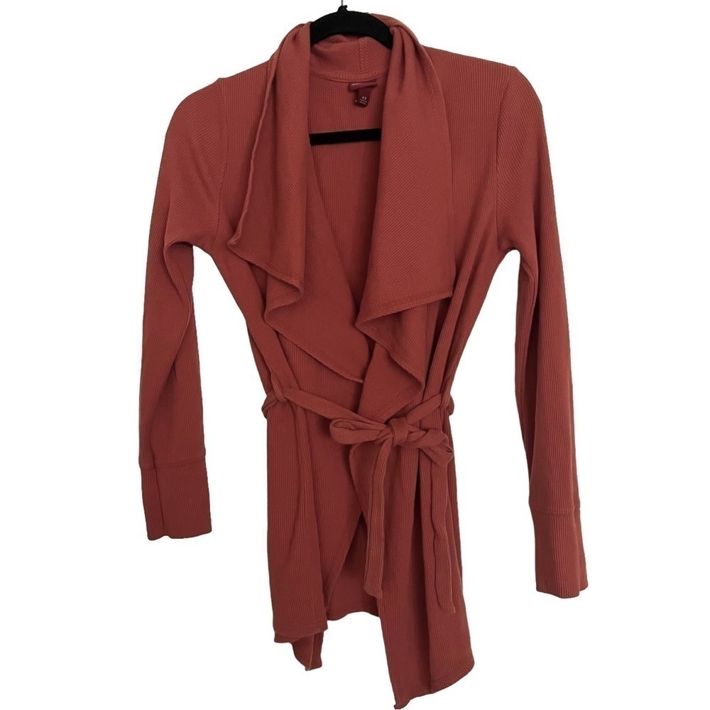 Merona Red Orange Waffle Knit Open Front Belted Cardigan XS